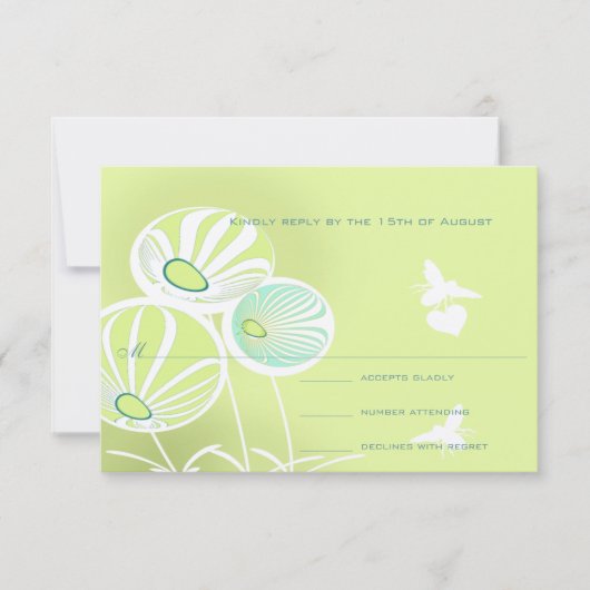 アクアブルーの花とハチ結婚の反応 出欠カード (正面)