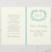 アクアブルーの葉フレーム折り畳みウェディングプログラム (正面)