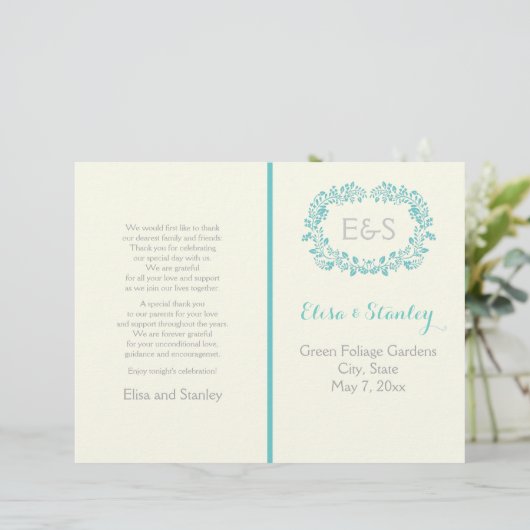 アクアブルーの葉フレーム折り畳みウェディングプログラム (スタンド正面)