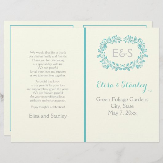 アクアブルーの葉フレーム折り畳みウェディングプログラム (正面/裏面)