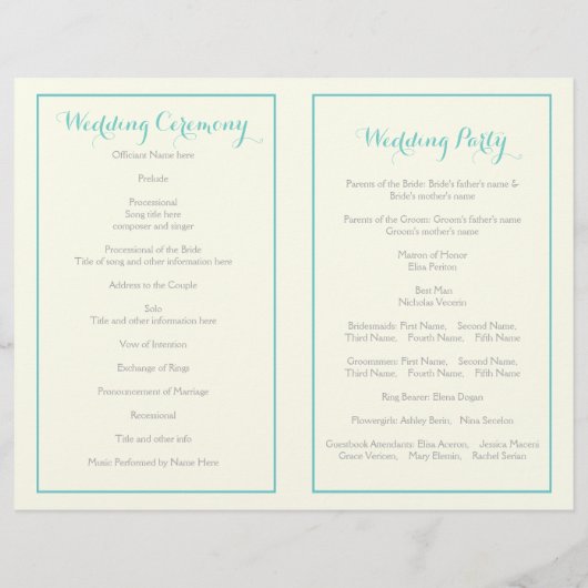 アクアブルーの葉フレーム折り畳みウェディングプログラム (裏面)