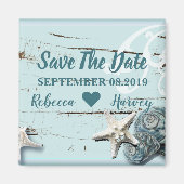 アクアブルーの貝殻とヒトデの結婚式のSave the Date マグネット (正面)