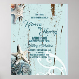 アクアブルーの貝殻ビーチウェディング歓迎 ポスター