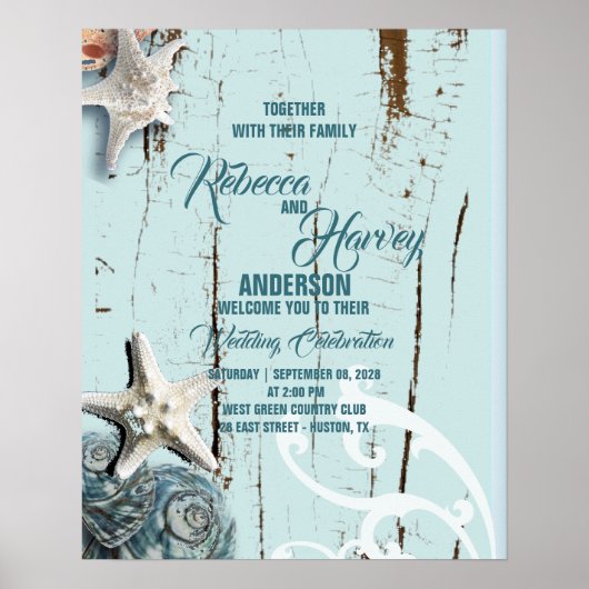 アクアブルーの貝殻 ビーチ ウェディング ウェルカム ポスター (正面)