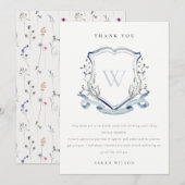 アクアブルーの野生の花のモノグラム　ブライダルシャワー サンキューカード (正面/裏面)