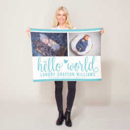 アクアブルーのHello World モノグラム ベビー スタット フリースブランケット