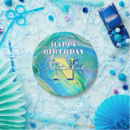 アクアブルーアクリルフローアート ペーパープレート