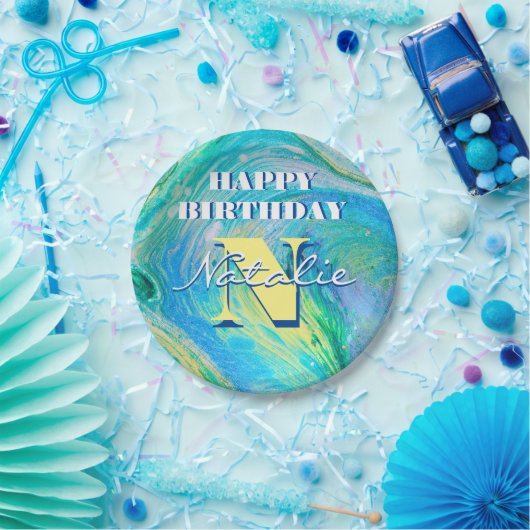 アクアブルーアクリルフローアート ペーパープレート (パーティー)