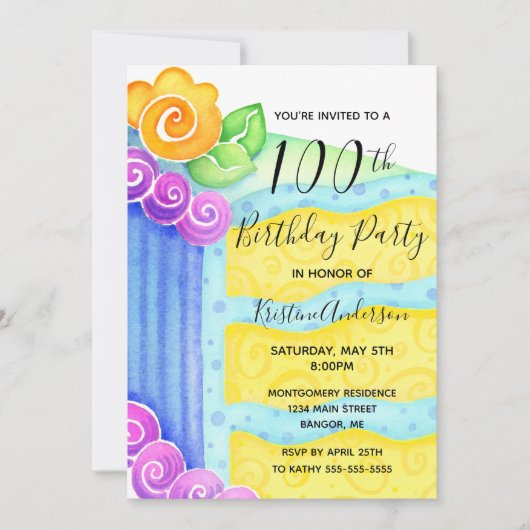 アクアブルーイエローケーキフローラ100thバースデーパーティー 招待状 (正面)