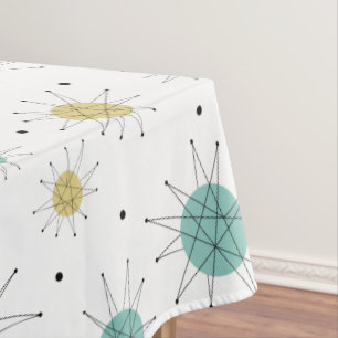 アクアブルーイエロースターバストミッドセンチュリーパターン テーブルクロス
