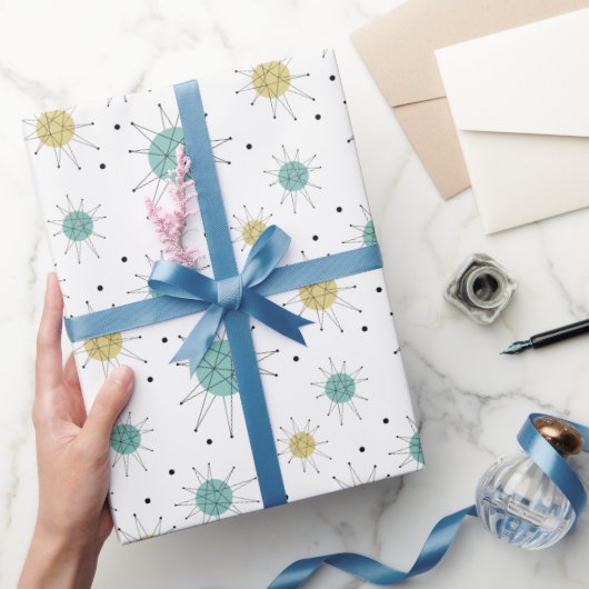 アクアブルーイエローフランシスカンスターバストミッドセンチュリー ラッピングペーパー (ギフト)