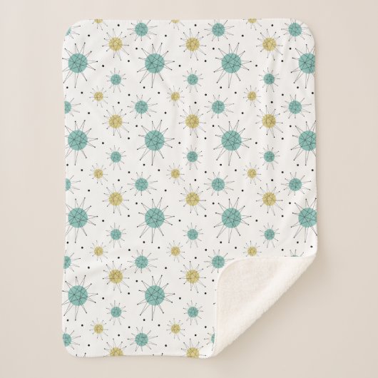 アクアブルーイエロー原子パターンミッドセンチュリーモダン シェルパブランケット (正面)