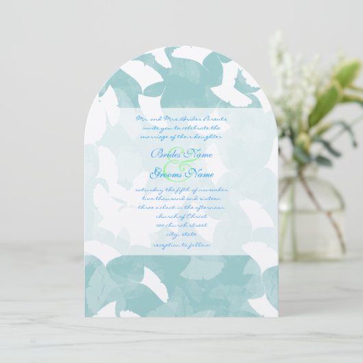 アクアブルーイチョウ葉ゴ結婚式招待状 招待状 (スタンド正面)