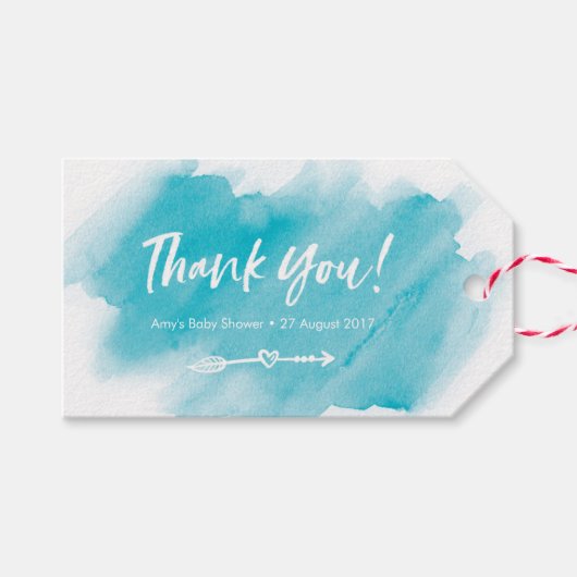 アクアブルーウォーターカラーサンキューラベル |メッセージカード ギフトタグ (正面(横))