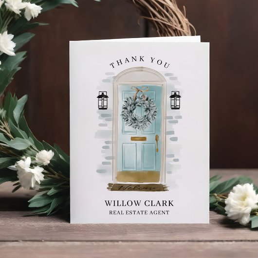 アクアブルーウォーターカラーフロントドア&リースありがとう サンキューカード
