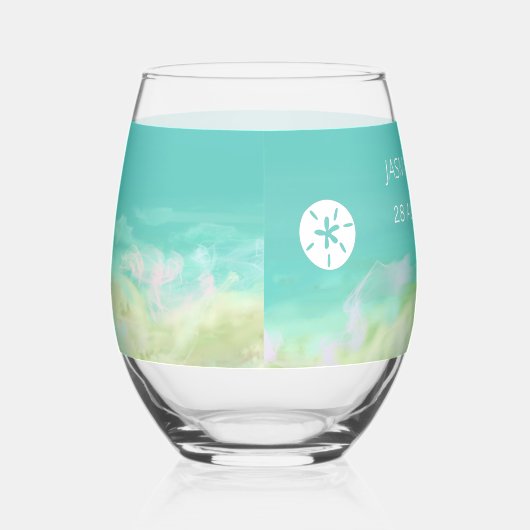 アクアブルーウォータービーチ結婚式名前をカスタムする ステムなしワイングラス (右)