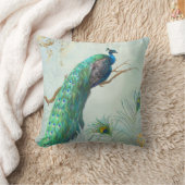 アクアブルーエレガントピーコックフェザーズツリーブランチ クッション (ブランケット)