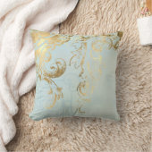 アクアブルーエレガントピーコックフェザー金ゴールドスクロールアート クッション (ブランケット)
