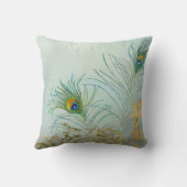 アクアブルーエレガントピーコックフェザー金ゴールドスクロールアート クッション (裏面)