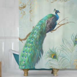 アクアブルーエレガントピーコックn羽毛ツリーブランチ シャワーカーテン