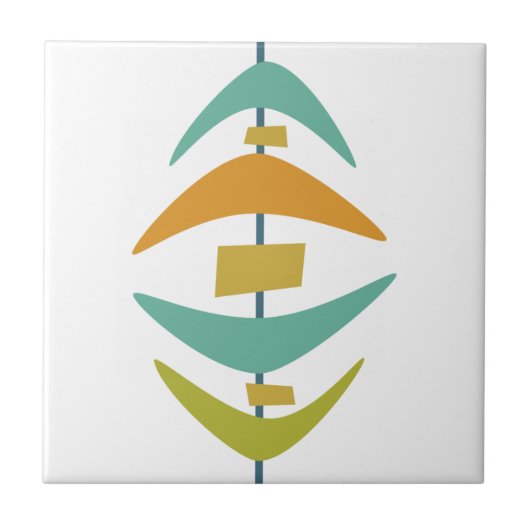 アクアブルーオレンジグリーンレトロブーメランミッドセンチュリー タイル (正面)