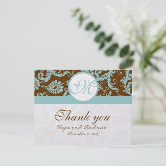 アクアブルーオンブラウンダマスクウェディングサンキューカード サンキューカード (スタンド正面)