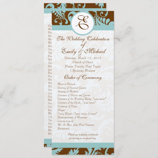 アクアブルーオンブラウンダマスクスワール結婚式招待状 招待状 (正面/裏面)