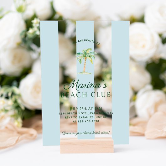アクアブルーカバナストライプビーチパーム誕生日 アクリル招待状