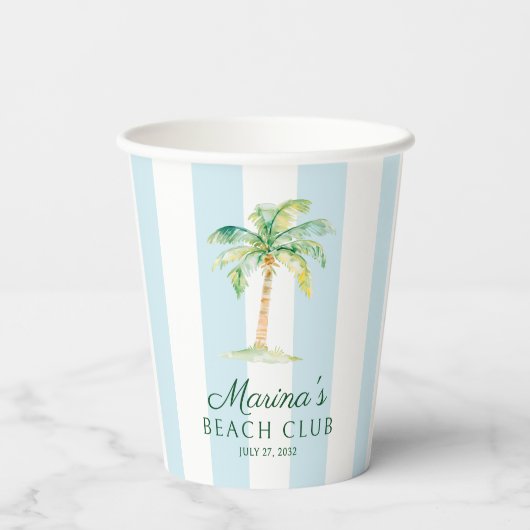 アクアブルーカバナストライプビーチパーム誕生日 紙コップ (裏面)