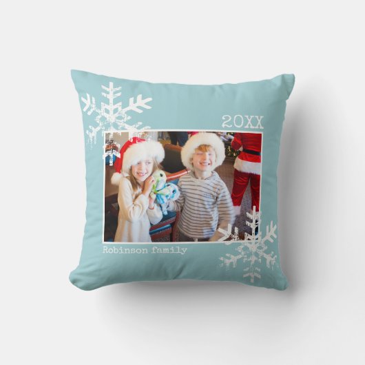 アクアブルークリスマスフォト雪動揺して片 クッション (正面)