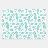 アクアブルークリスマス沿岸グリッターシーホース ラッピングペーパーシート (正面2)