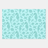 アクアブルークリスマス沿岸グリッターシーホース ラッピングペーパーシート (正面)