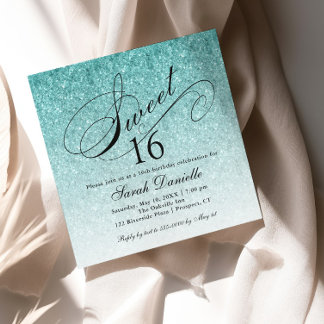 アクアブルーググラデーションラムグリッタースウィート16スクエア 招待状