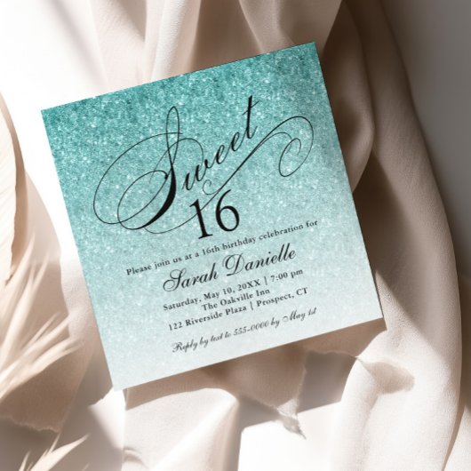 アクアブルーググラデーションラムグリッタースウィート16スクエア 招待状