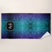 アクアブルーグラデーショングリッタースパフェイクークルズモノグラム ビーチタオル (正面)