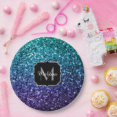 アクアブルーグラデーショングリッタースパフェイクークルズモノグラム ペーパープレート (パーティー)