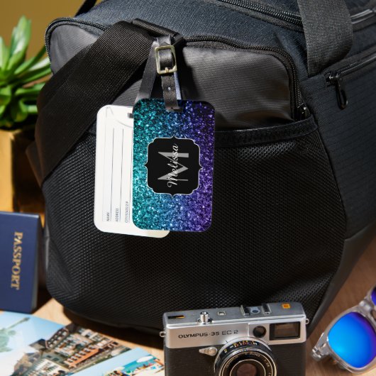 アクアブルーグラデーショングリッタースパフェイクークルズモノグラム ラゲッジタグ (正面&裏面)