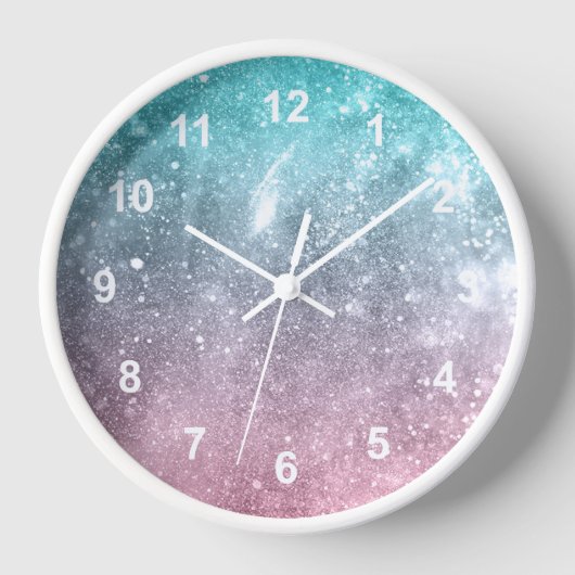 アクアブルーグラデーションピンク海銀河系抽象芸術w数字 壁時計 (正面)