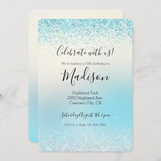 アクアブルーグラデーション絞り染めグリジースパークルグリッター 招待状 (正面/裏面)