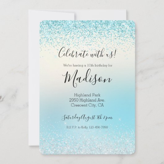 アクアブルーグラデーション絞り染めグリジースパークルグリッター 招待状 (正面)