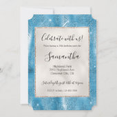 アクアブルーグラムグリッタートロピカル葉 招待状 (正面)