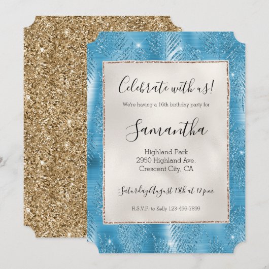 アクアブルーグラムグリッタートロピカル葉 招待状 (正面/裏面)