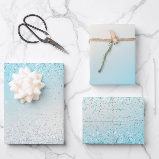 アクアブルーグリグラデーションッジースパークルグリッター ラッピングペーパーシート (正面)