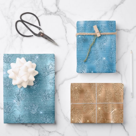 アクアブルーグリジーグリッターピーコックフェザー ラッピングペーパーシート (正面)