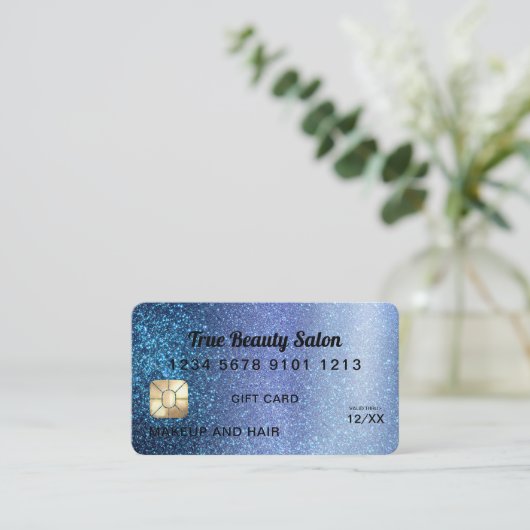 アクアブルーグリッタークレジットカード商品券 名刺 (スタンド正面)