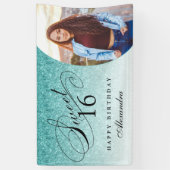 アクアブルーグリッタースウィート16パーソナライズされた写真 横断幕 (縦)