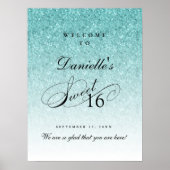 アクアブルーグリッタースウィート16パーソナライズされた歓迎 ポスター (正面)