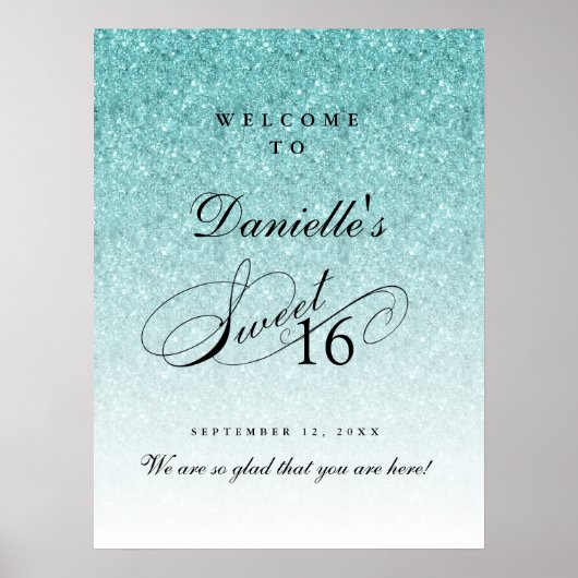 アクアブルーグリッタースウィート16パーソナライズされた歓迎 ポスター (正面)