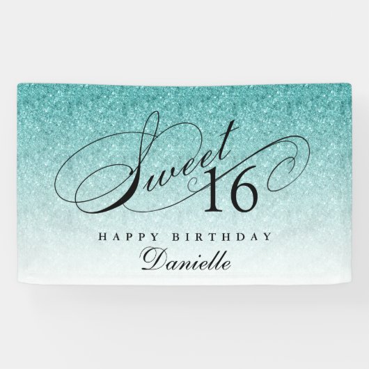 アクアブルーグリッタースウィート16パーソナライズされた誕生日 横断幕 (横)