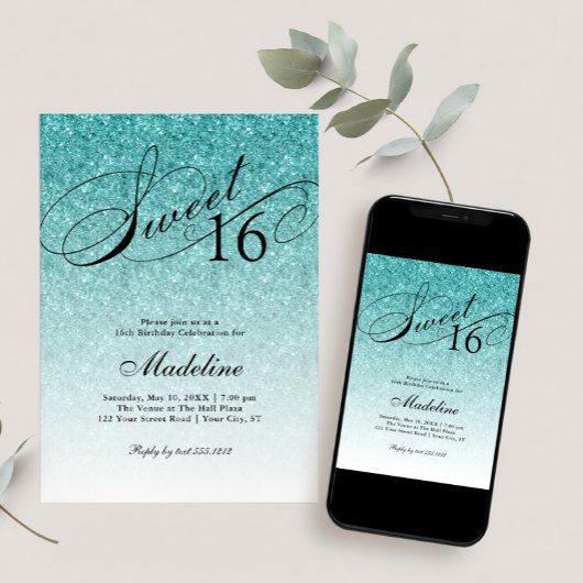 アクアブルーグリッタースウィート16ファンシースクリプト招待状 招待状